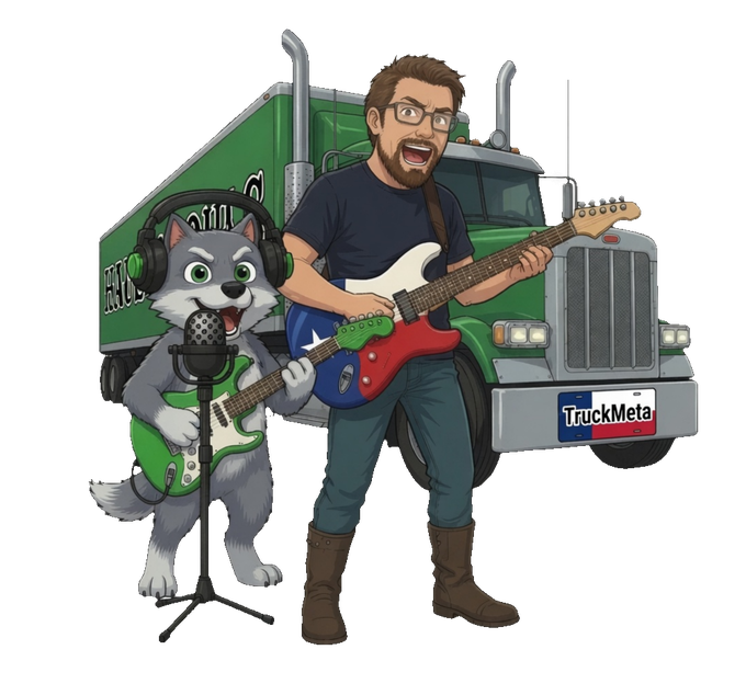 TruckMeta Matthew Webber and wolf mascot with guitars by a green TruckMeta semi truck