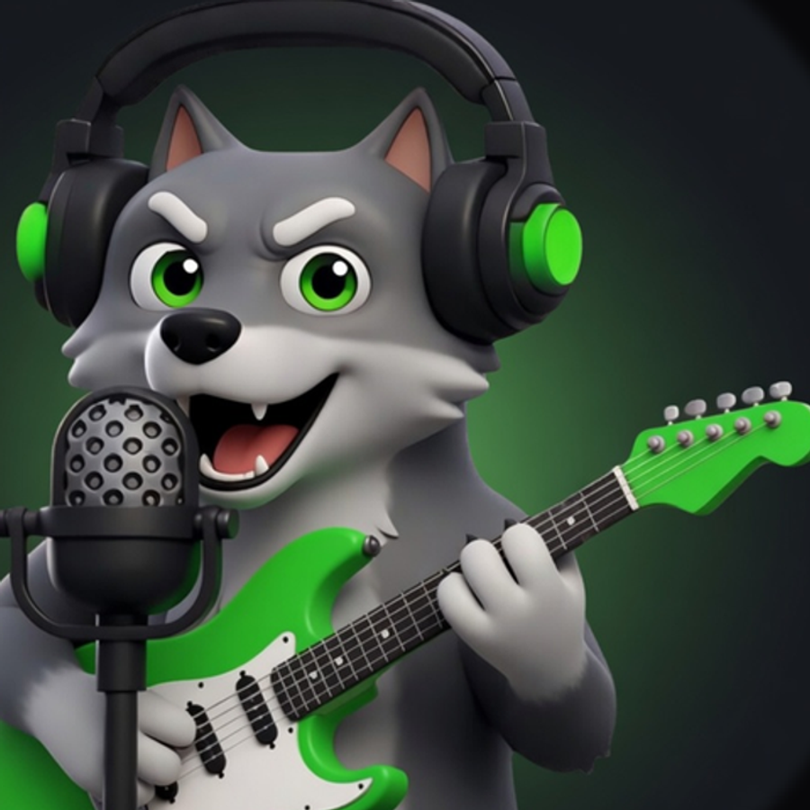 TruckMeta wolf mascot avatar with green guitar and headphones